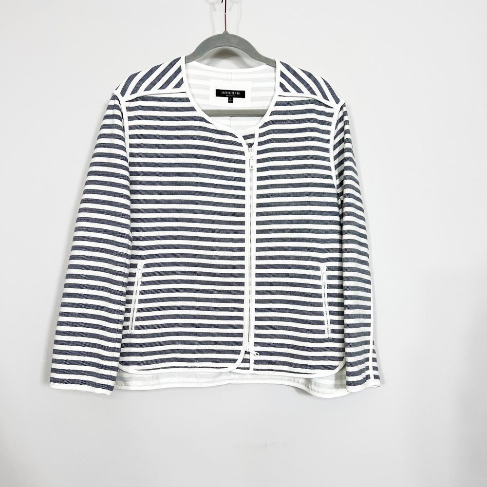 Lafayette 148 New York Cotton-Blend Navy & Cream Striped Zip-Front Jacket, Large